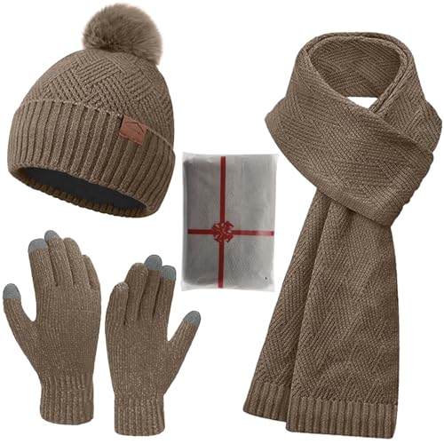 CheChury Mütze Touchscreen Handschuhe Lang Schal Set Damen Winter Warm mit Fleece Gefütterte Wintermütze Strickmütze Beanie Bommel Schals Winterhandschuhe Strickhandschuhe Frauen Geschenk Weihnachten von CheChury