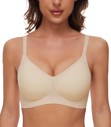 CheChury Nahtloser BH Damen Ohne Bügel BH Bequem BH Push Up Soft BH V Ausschnitt Weicher Bustier Komfortable BH Gepolstert Bralette T-Shirts BHS Seamless Bra Minimizer BH Schlaf BH Glatter,Beige,S von CheChury