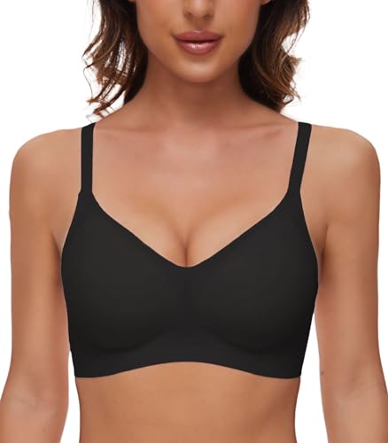 CheChury Nahtloser BH Damen Ohne Bügel BH Bequem BH Push Up Soft BH V Ausschnitt Weicher Bustier Komfortable BH Gepolstert Bralette T-Shirts BHS Seamless Bra Minimizer BH Schlaf BH Glatter,Schwarz,M von CheChury