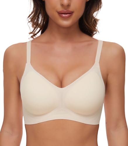CheChury Nahtloser BH Damen Ohne Bügel BH Bequem BH Push Up Soft BH V Ausschnitt Weicher Bustier Komfortable BH Gepolstert Bralette T-Shirts BHS Seamless Bra Minimizer BH Schlaf BH Glatter,Weiß,S von CheChury