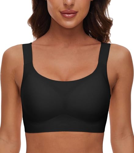 CheChury Nahtloser BH Damen Ohne Bügel Soft BH Bralette Klassischer T Shirt BH Komfort Schalen BHS Weicher Bralette Gepolstert Bustier Große Brüste Schlaf BH Push up Sport BH Seamless Bra,Schwarz,L von CheChury