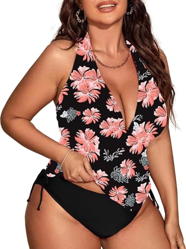 CheChury Oversize Damen Tankini Set Bauchweg mit Slip Hotpants High Waist V Ausschnitt Badeanzug Sets Große Größen Push up Bademoden Hight Waist Bikini Set Badehose Elegant Strandkleid Strandmode von CheChury