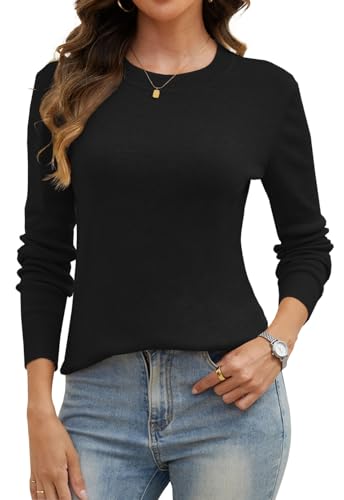 CheChury Pullover Damen Elegant Winter Langarmshirt Rundhals Einfarbig Oberteile Casual Pullover Herbst Basic Top Winterpullover Damen Langarm Sweater Wollpullover für Frauen Sweatshirt,Schwarz,L von CheChury
