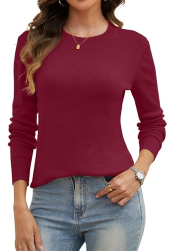 CheChury Pullover Damen Elegant Winter Langarmshirt Rundhals Einfarbig Oberteile Casual Pullover Herbst Basic Top Winterpullover Damen Langarm Sweater Wollpullover für Frauen Sweatshirt,Weinrot,L von CheChury