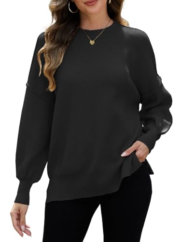 CheChury Pullover Damen Elegant Winter Strickpullover Damen Winter Rundhals Pulli Herbst Pullover Oversize Fledermausärmel Grobstrickpullover Casual Sweater Lose Sweatshirt Langarmshirt,Schwarz,S von CheChury