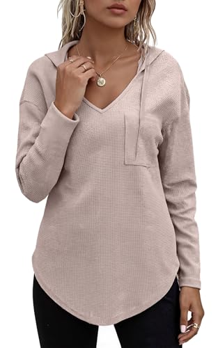 CheChury Pullover Damen Hoodie Langarm V Ausschnitt Hoodie Damen Sweatshirt Einfarbig Langarmshirt Kapuzenpullover Casual Pulli Drawstring Top Leichter Pullover mit Kordelzug Taschen Oberteile Tops von CheChury