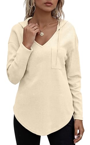 CheChury Pullover Damen Hoodie Langarm V Ausschnitt Hoodie Damen Sweatshirt Einfarbig Langarmshirt Kapuzenpullover Casual Pulli Drawstring Top Leichter Pullover mit Kordelzug Taschen Oberteile Tops von CheChury
