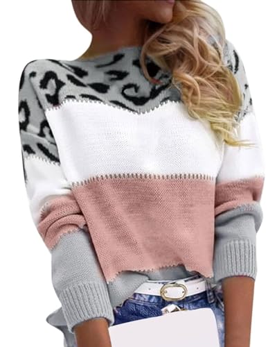 CheChury Pullover Damen Leopard Strickpullover Langarm Rundhals Sweater Patchwork Sweatshirt Herbst Winter Elegant Pulli Warme Lose Blusen Oberteile Tops Strickpullover V-Ausschnitt Casual Sweater von CheChury