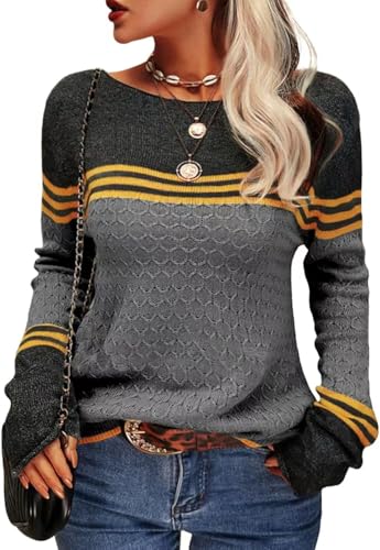 CheChury Pullover Damen Oberteile Tunika Farbblock Langarmshirt Rundhals Damen Strickpullover Elegantes Stricktop Stricken Langarmshirt Strickpullover Casual Sweateshirt Gestreift Strickwaren Tops von CheChury