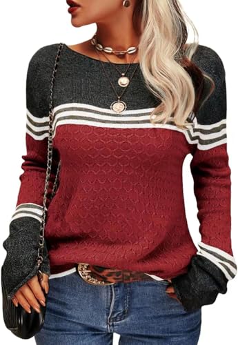 CheChury Pullover Damen Oberteile Tunika Farbblock Langarmshirt Rundhals Damen Strickpullover Elegantes Stricktop Stricken Langarmshirt Strickpullover Casual Sweateshirt Gestreift Strickwaren Tops von CheChury