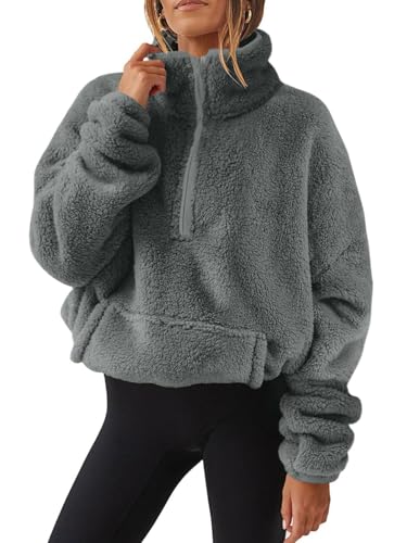 CheChury Pullover Damen Teddy Fleece Sweatshirt Herbst Winter Flauschig Pulli Fleece Weich Langarmshirt mit 1/2 Zip Langarm Casual Locker Oberteile Tops Shirts Winterpullover Mit Taschen von CheChury