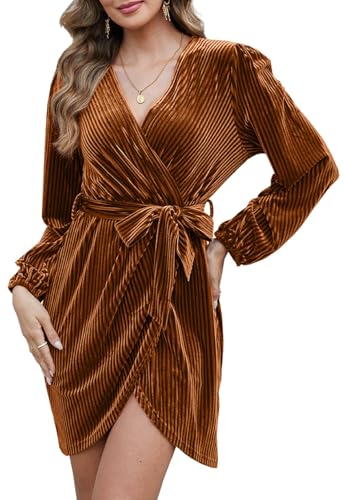 CheChury Samtkleid Damen Elegant Abendkleid Langarm Cocktailkleid V-Ausschnitt Knielang Kleid Winter Bodycon Partykleid Kleider für Hochzeit Winter Kleid Retro Festliche Kleid Silvester,Karamell,XL von CheChury