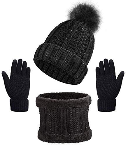 CheChury Schal Mütze und Handschuh Set Winter Kombi Set Strickmütze Beanie Handschuhe Winter-Schal Set Bommelmütze 3-teilig Winterset Beanie mit Pompon Touchscreen Handschuhe Geschenk,Schwarz,Onesize von CheChury