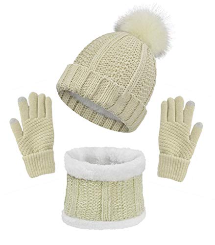 CheChury Schal Mütze und Handschuh Set Winter Kombi Set Strickmütze Beanie Handschuhe Winter-Schal Set Bommelmütze 3-teilig Winterset Beanie mit Pompon Touchscreen Handschuhe Geschenk,Beige,Onesize von CheChury