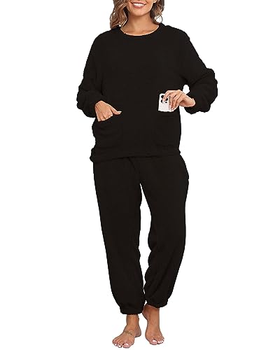 CheChury Schlafanzug Damen Fleece Lang Winter Pyjama Unisex Warm Fleece Hausanzug Kuschelig Herren Schlafanzug Flauschig Warm Winter Fleece Pyjama Set Flanell Langarm Oberteile Pyjamahose,Schwarz,XXL von CheChury