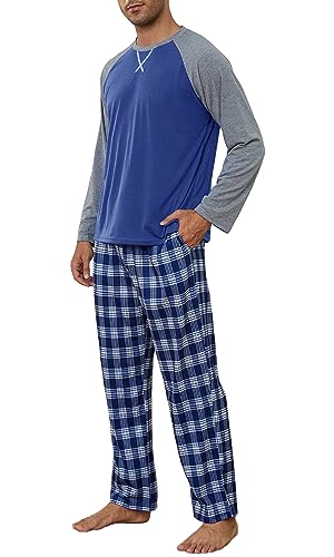 CheChury Schlafanzug Herren Lang Pyjamaset Baumwolle Pyjama Rundhals Männer Pyjama Set 2er Pack Langarm Shirt Lange Karierte Pyjamahose mit Tasche Loungehose Freizeithose Nightwear Set,Blau,S von CheChury