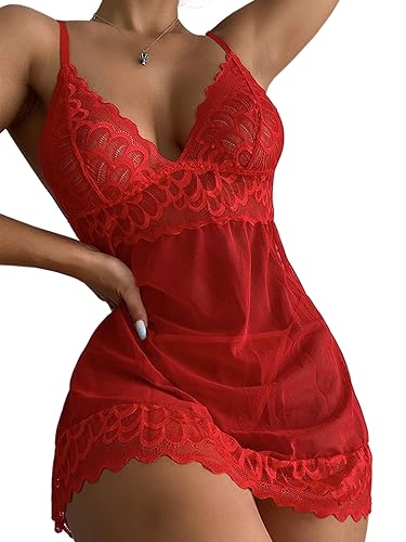 CheChury Sexy Dessous Damen Babydoll Reizwäsche Nachthemd Kurz Damen Unterwäsche Sexy Set Negligee Lingerie V-Ausschnitt Transluzente Spitze Sleepwear Kleid mit Tanga Valentinstag von CheChury