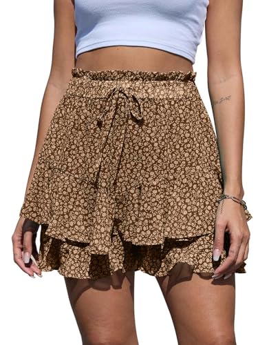 CheChury Shorts Damen Leicht Kurze Hose Boho Blumenshorts Chiffon Ruffled Sommerhose Weite Kurzer Röcke Sommer Elastisch High Waist Kurze Hosen Causal Rüschen Strandshorts Freizeit Mini Rock Strand von CheChury