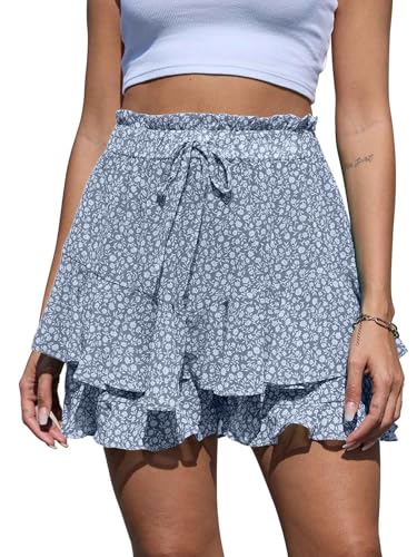 CheChury Shorts Damen Leicht Kurze Hose Boho Blumenshorts Chiffon Ruffled Sommerhose Weite Kurzer Röcke Sommer Elastisch High Waist Kurze Hosen Causal Rüschen Strandshorts Freizeit Mini Rock Strand von CheChury