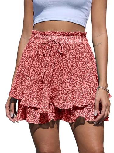 CheChury Shorts Damen Leicht Kurze Hose Boho Blumenshorts Chiffon Ruffled Sommerhose Weite Kurzer Röcke Sommer Elastisch High Waist Kurze Hosen Causal Rüschen Strandshorts Freizeit Mini Rock Strand von CheChury