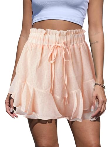 CheChury Shorts Damen Leicht Kurze Hose Boho Blumenshorts Chiffon Ruffled Sommerhose Weite Kurzer Röcke Sommer Elastisch High Waist Kurze Hosen Causal Rüschen Strandshorts Freizeit Mini Rock Strand von CheChury