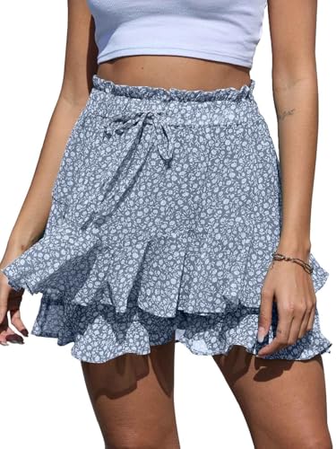 CheChury Shorts Damen Sommer Hosenrock Floral Bedruckt Shorts mit Rüschen Elastisch High Waist Kurze Hosen Causal Strand Shorts Blumen Freizeit Shorts Lockere Sweatpants Weite Bein Shorts,Blau,S von CheChury