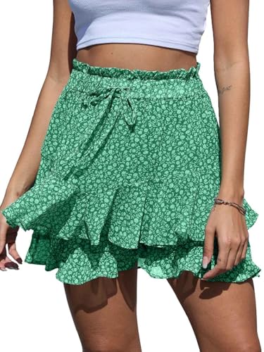 CheChury Shorts Damen Sommer Hosenrock Floral Bedruckt Shorts mit Rüschen Elastisch High Waist Kurze Hosen Causal Strand Shorts Blumen Freizeit Shorts Lockere Sweatpants Weite Bein Shorts,Grün,XL von CheChury