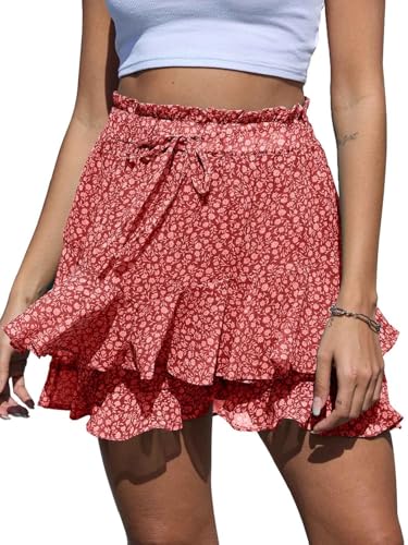 CheChury Damen Sommer Shorts Floral Bedruckt High Waist Rschen Elastisch Weite Bein Shorts,Rot,M von CheChury
