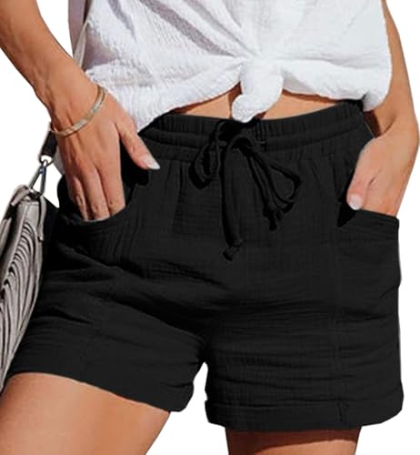 CheChury Shorts Damen Sommer Leinen Kurze Hose Beach Shorts Mit Taschen Mode Lässige Stoffhose Freizeit Shorts hoher Taille Stretch Gerades Bein Sport Shorts mit Kordelzug Elastische Leinenhose von CheChury