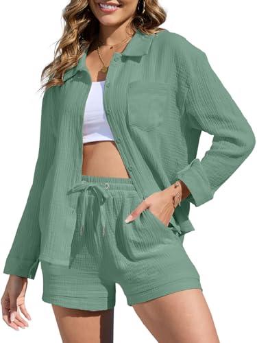 CheChury Sommer Outfits Damen Zweiteiler Hosenanzug Elegant Outfit Set Musselin Bluse Hemd und Shorts Y2k Aesthetic Clothes Loungewear Strand Urlaub Freizeitanzug Sommer Leicht Streetwear,Hellgrün,XL von CheChury