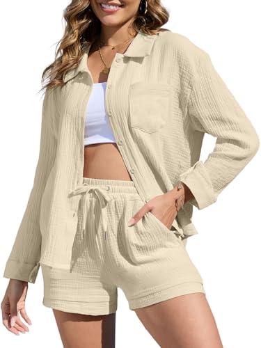CheChury Sommer Outfits Damen Zweiteiler Hosenanzug Elegant Outfit Set Musselin Bluse Hemd und Shorts Y2k Aesthetic Clothes Loungewear Strand Urlaub Freizeitanzug Sommer Leicht Streetwear,Beige,XL von CheChury