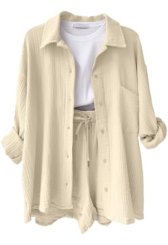 CheChury Sommer Outfits Damen Zweiteiler Hosenanzug Elegant Outfit Set Musselin Bluse Hemd und Shorts Y2k Aesthetic Clothes Loungewear Strand Urlaub Freizeitanzug Sommer Leicht Streetwear,Beige,XXL von CheChury