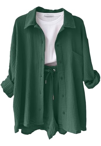 CheChury Sommer Outfits Damen Zweiteiler Hosenanzug Elegant Outfit Set Musselin Bluse Hemd und Shorts Y2k Aesthetic Clothes Loungewear Strand Urlaub Freizeitanzug Sommer Leicht Streetwear,Grün,L von CheChury