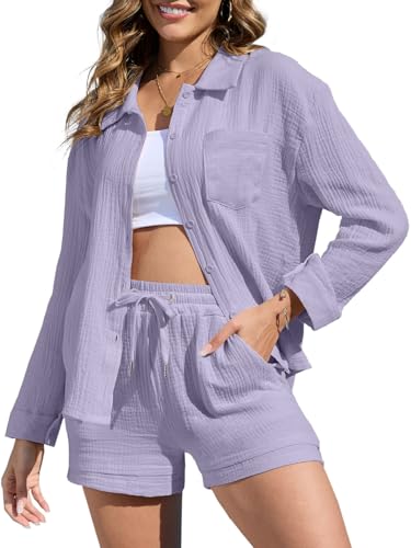 CheChury Sommer Outfits Damen Zweiteiler Hosenanzug Elegant Outfit Set Musselin Bluse Hemd und Shorts Y2k Aesthetic Clothes Loungewear Strand Urlaub Freizeitanzug Sommer Leicht Streetwear,Violett,S von CheChury