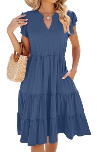 CheChury Sommerkleid Damen Kleid Freizeitkleid V Ausschnitt Taillenschnürung Rüschensaum Freizeitkleider Kleid Strandkleid Party Boho Beach Rüschen Ärmel mit Taschen Knielanges Kleid Lose A-Linie von CheChury