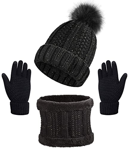 CheChury Stricken Mütze & Schal Damen Weiche Warme Fleece Gefüttert Winter Beanie Strickmütze Zickzack Wurm Winterschal Ski Hut mit Pompom-Schwarz-One Size von CheChury