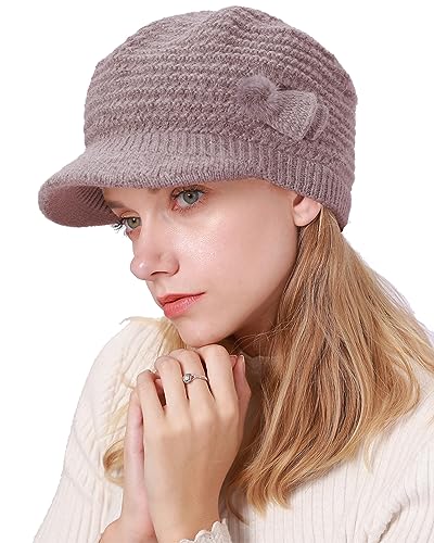 CheChury Strickmütze Damen Barett Winter Fleece Mütze Warme Frauen Grobstrick Wintermützen Kaschmir Mütze mit Shirm Baskenmütze Winter Damen Beaniemütze mit Schirm Wollmütze Damen Schirmmütze,Khaki von CheChury