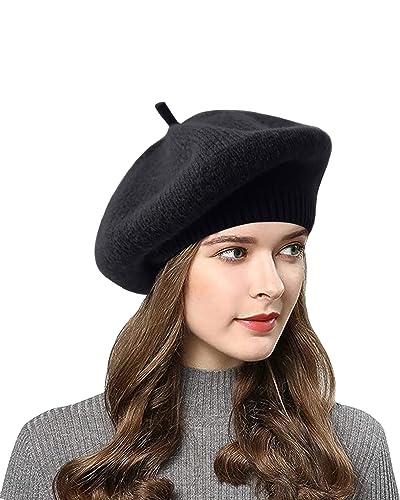 CheChury Strickmütze Damen Französischen Barett Winter Fleece Mütze Grobstrick Wintermützen Warme Frauen Künstler Baskenmütze Vintage Beaniemütze Kaschmir Mütze Damen Wollmütze Warm Beret,Schwarz von CheChury