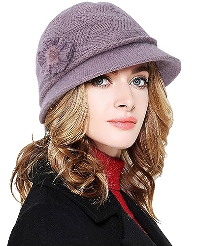 CheChury Strickmütze Damen Wollmütze Grobstrick Wintermützen Warme Frauen Beaniemütze Retro Fedorahüte Frauen Glockehut Kaschmir Mütze Damen Bowler Hut Winter Strickmütze mit Schirm Melone Hut,Lila von CheChury