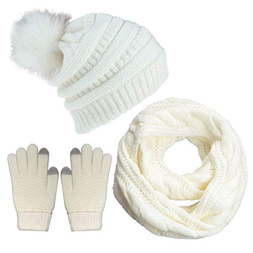 CheChury Strickmütze Wintermütze Schal Set Beanie Gestrickt Fleece Bommel Touchscreen Handschuhe Set Winterschal Kombi Set Loop Grobstrick Schal Damen Geschenk Winterzubehör, Weiß, Einheitsgröße von CheChury