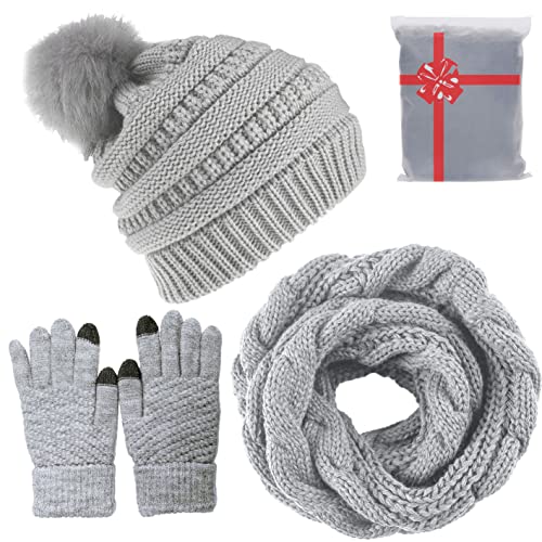 CheChury Strickmütze Mütze Wintermütze Mütze Schal Set Beanie Gestrickt Winter Fleece Bommel Touchscreen Handschuhe Set Winterschal Kombi Set Loop Schal Grobstrick Schal Damen Geschenk,Grau,Onesize von CheChury