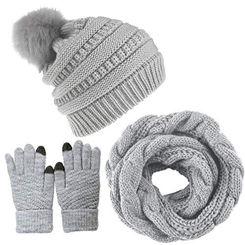 CheChury Strickmütze Wintermütze Schal Set Beanie Gestrickt Fleece Bommel Touchscreen Handschuhe Set Winterschal Kombi Set Loop Grobstrick Schal Damen Geschenk Winterzubehör von CheChury
