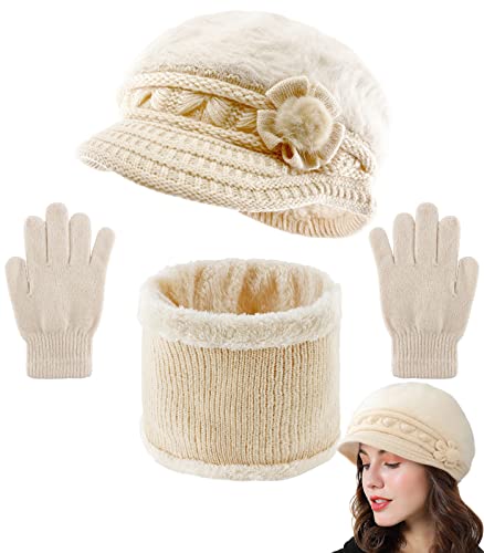 CheChury Strickmütze Schal Handschuh Damen Gefüttert Winter Warm Fleece Mode Kuschlig Mütze Schal Warmes Kit Weiches Dicker mit Fleecefutter Innenfutter Tolles Warmer Skifahren 3 teiliges Set,Beige von CheChury