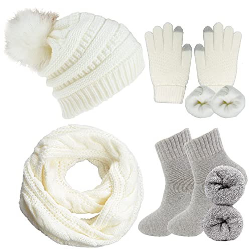 CheChury Strickmütze Schal Touchscreen Handschuhe Thermosocken Set Damen Beanie Gestrickt Winter Fleece Pompom Winterschal Kombi Wintersocken Set Loop Grobstrick Kombi Set Loop Schal Geschenk,Weiß von CheChury