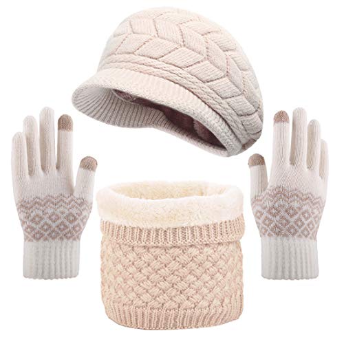 CheChury Strickmütze Winter Mütze Schal Handschuhe set mit Fleecefutter Barett Mütze Elastischer Halswärmer für Damen-Beige-One Size von CheChury