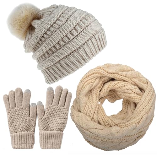CheChury Strickmütze Wintermütze Schal Set Beanie Gestrickt Fleece Bommel Touchscreen Handschuhe Set Winterschal Kombi Set Loop Grobstrick Schal Damen Geschenk Winterzubehör von CheChury