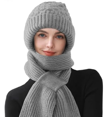 CheChury Strickmützen Damen Mützenschal Winter Integrierter Gehörschutz Winddichte Mütze Schal 2 in 1 Wintermützen und Schal Damen Kapuzenschal Frauen Winterschal Warme Mütze mit Fleecefutter,Grau von CheChury