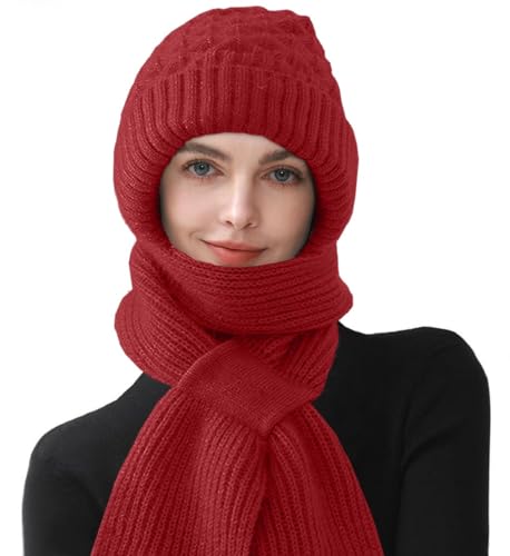 CheChury Strickmützen Damen Mützenschal Winter Integrierter Gehörschutz Winddichte Mütze Schal 2 in 1 Wintermützen und Schal Damen Kapuzenschal Frauen Winterschal Warme Mütze mit Fleecefutter,Rot von CheChury