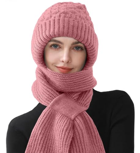 CheChury Strickmützen Damen Mützenschal Winter Integrierter Gehörschutz Winddichte Mütze Schal 2 in 1 Wintermützen und Schal Damen Kapuzenschal Frauen Winterschal Warme Mütze mit Fleecefutter,Rosa von CheChury