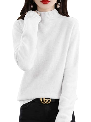 CheChury Damen Strickpullover Lässiger Rollkragen Sweater mit Trichterkragen in Weiß für Frühling, Herbst und Winter von CheChury